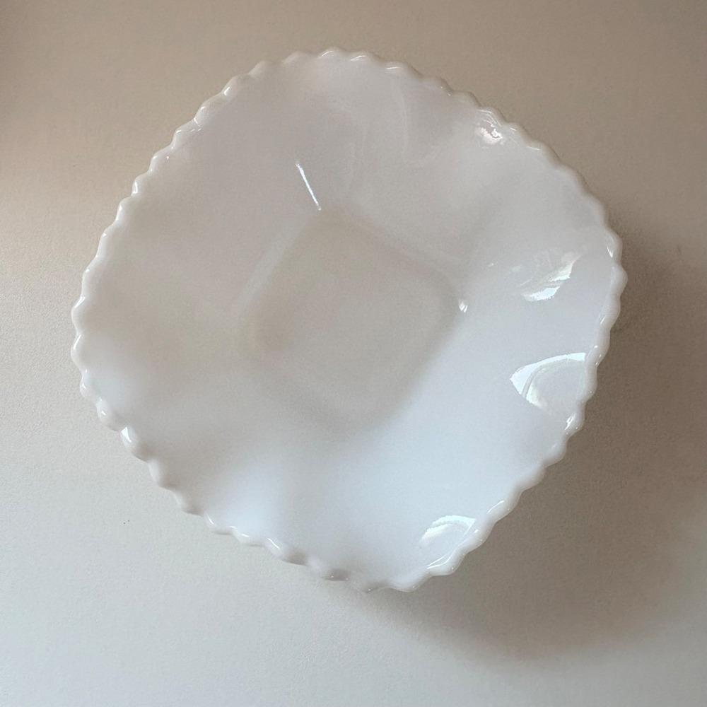 Vintage Ruffled Edge Square Milk Glass Ruffled Edge Diamond  Pattern Candy Dish